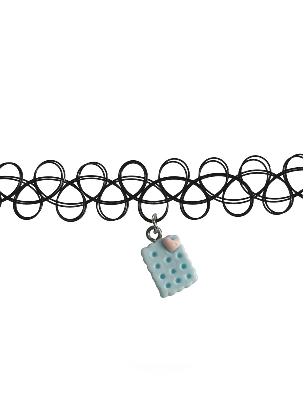 Black Tattoo-Style Choker Necklace with Light Blue Heart Cookie Charm